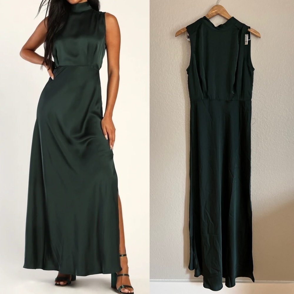 Classic Elegance Green Satin Sleeveless Mock Neck Maxi Dress